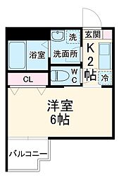 コーラルリーフ 2階1Kの間取り