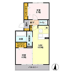JR武蔵野線 越谷レイクタウン駅 徒歩7分の賃貸アパート 3階2LDKの間取り