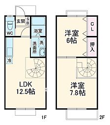名鉄常滑線 名和駅 徒歩15分の賃貸テラスハウス 1階2LDKの間取り