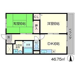 阪急京都本線 桂駅 徒歩12分の賃貸マンション 3階2DKの間取り