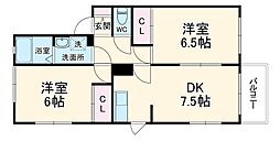 エーデルワイス 1階2DKの間取り