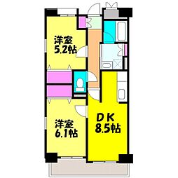 JR常磐線 北松戸駅 徒歩3分の賃貸マンション 4階2DKの間取り