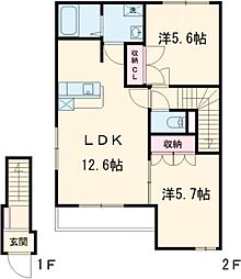 JR五日市線 秋川駅 徒歩15分の賃貸アパート 2階2LDKの間取り