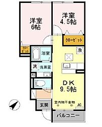 カサヴェール 1階2DKの間取り