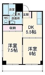 リバーサイド朝日 202 2階2DKの間取り