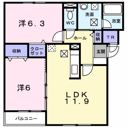 シンフォニアI 203｜北海道札幌市北区東茨戸一条３丁目(賃貸アパート2LDK・2階・55.20㎡)の写真 その2