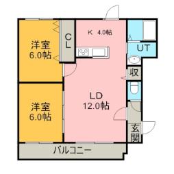 グランメール麻生 1階2LDKの間取り