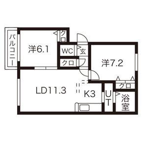 グランシャリオ 203｜北海道札幌市西区発寒七条１１丁目(賃貸マンション2LDK・2階・57.43㎡)の写真 その2