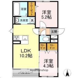 仙台市営南北線 北四番丁駅 徒歩15分の賃貸アパート 2階2LDKの間取り