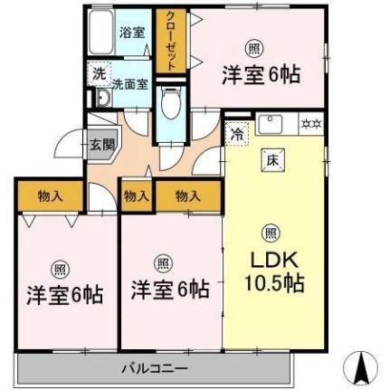 デルニエ 101｜岡山県岡山市北区野田４丁目(賃貸アパート3LDK・1階・66.52㎡)の写真 その2