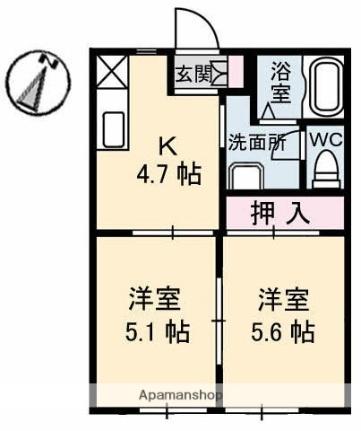 岡山県倉敷市沖(賃貸アパート2K・1階・35.51㎡)の写真 その2