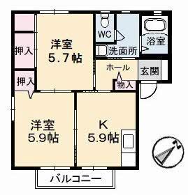 ディアス塩津　Ｃ棟 105｜岡山県倉敷市中島(賃貸アパート2K・1階・43.75㎡)の写真 その2