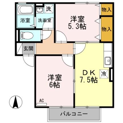 シェリール　Ａ棟 A102｜広島県福山市神村町(賃貸アパート2DK・1階・45.45㎡)の写真 その2