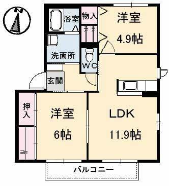 グリーンピア駅家　Ｃ棟 201｜広島県福山市駅家町大字上山守(賃貸アパート2LDK・2階・54.07㎡)の写真 その2