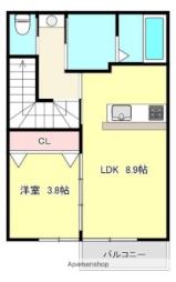 グラン岡垣IV 2階1LDKの間取り