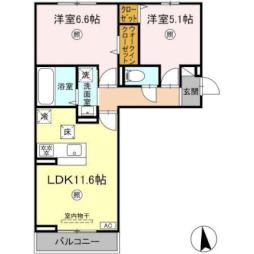 ＤーＲＯＯＭ菊池　Ｂ棟 1階2LDKの間取り